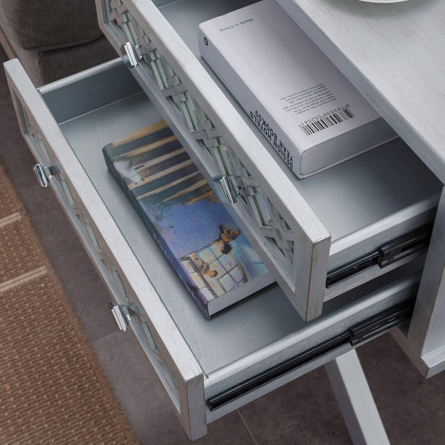 image:imageLeick Home 10082WA Two Drawer Mirrored Diamond Filigree X Base Nightstand Side Table WalnutSilver Leaf