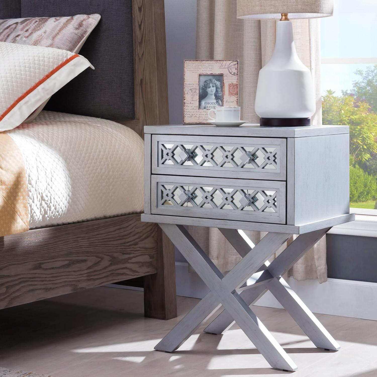 image:imageLeick Home 10082WA Two Drawer Mirrored Diamond Filigree X Base Nightstand Side Table WalnutSilver Leaf