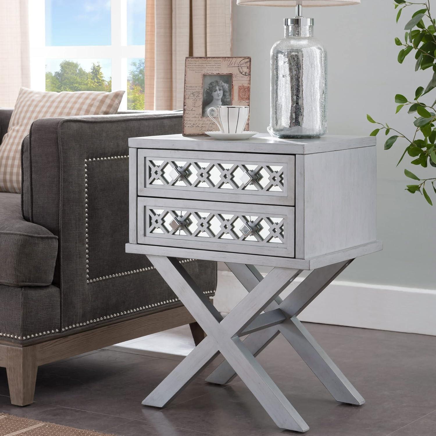 image:imageLeick Home 10082WA Two Drawer Mirrored Diamond Filigree X Base Nightstand Side Table WalnutSilver Leaf