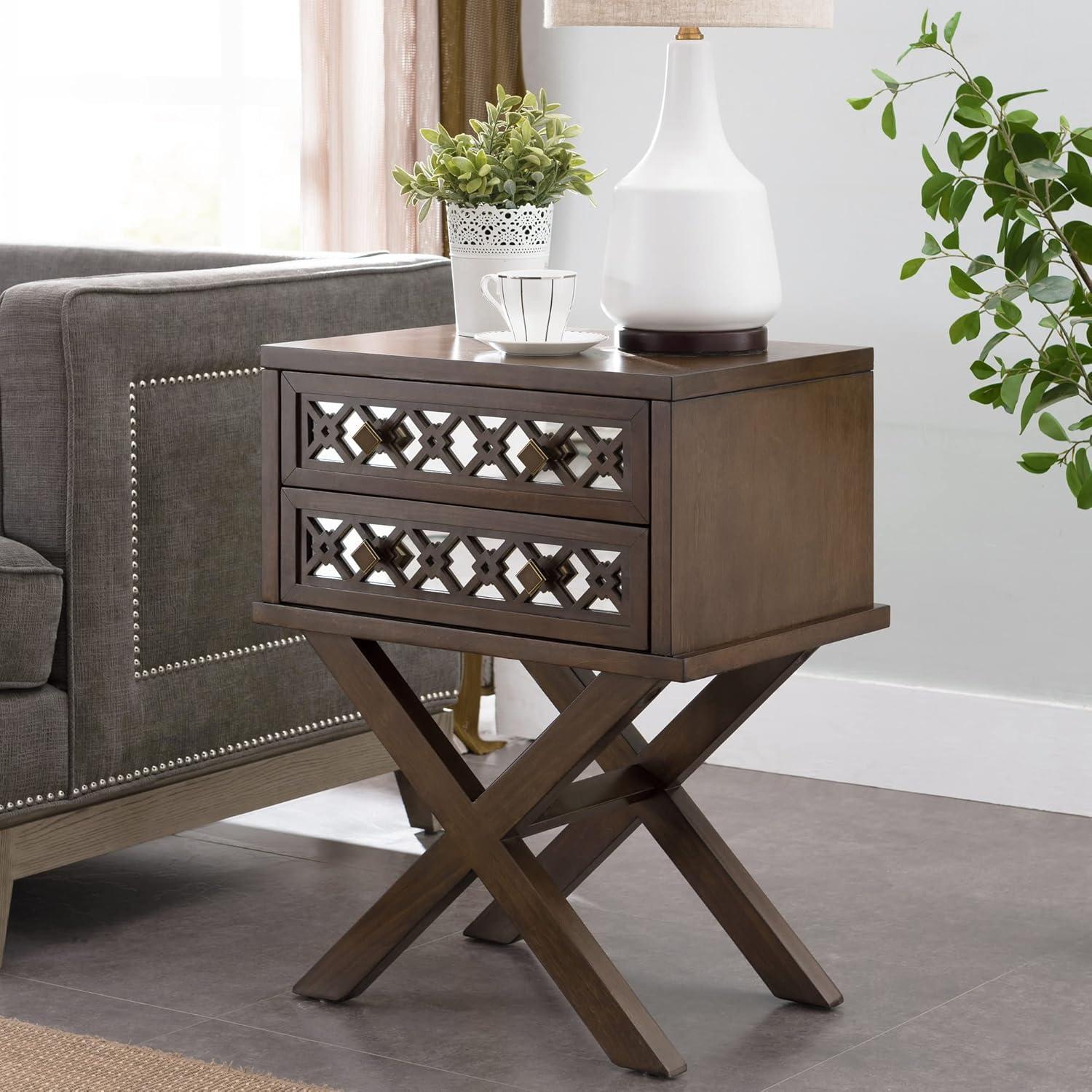 image:imageLeick Home 10082WA Two Drawer Mirrored Diamond Filigree X Base Nightstand Side Table WalnutWalnut