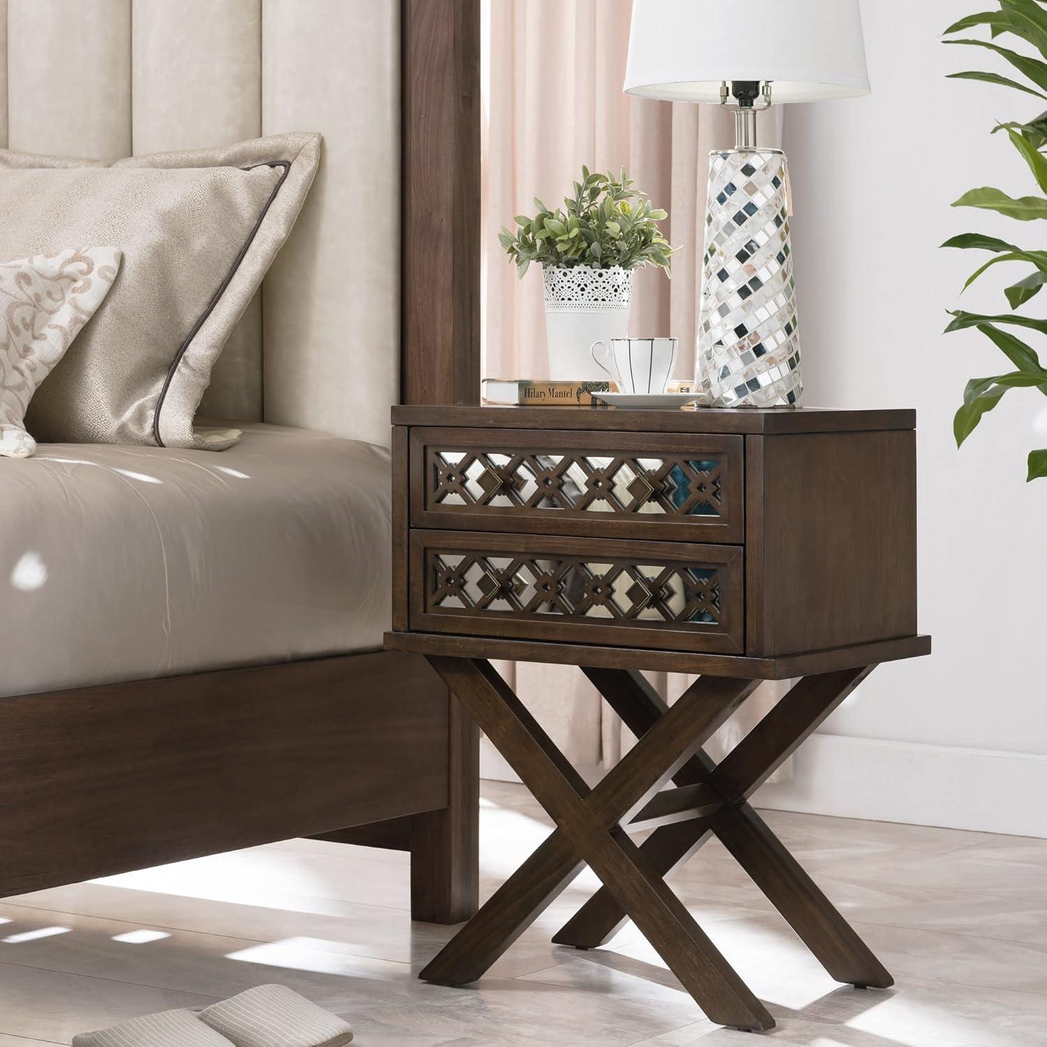 image:imageLeick Home 10082WA Two Drawer Mirrored Diamond Filigree X Base Nightstand Side Table WalnutWalnut