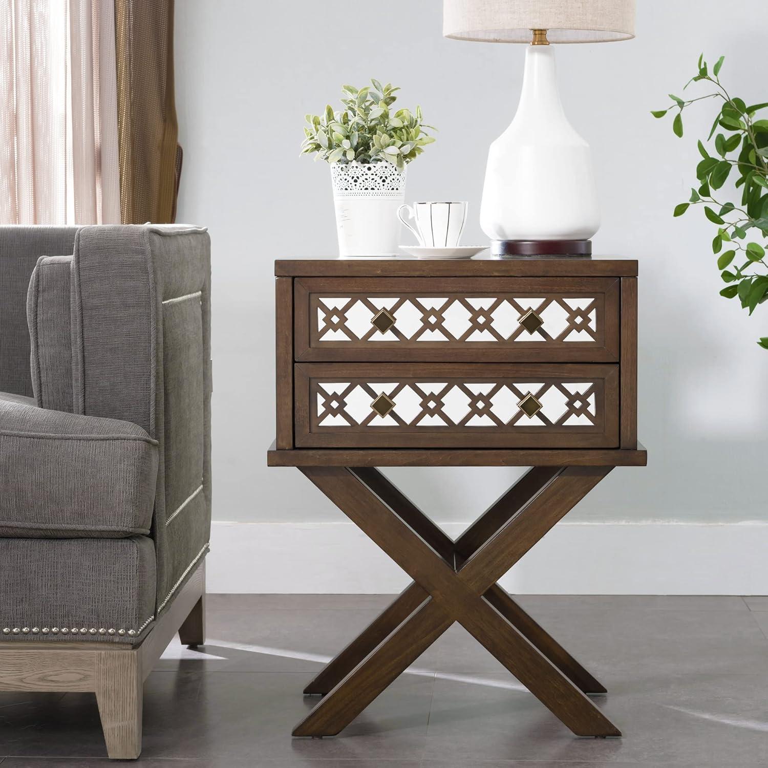 image:imageLeick Home 10082WA Two Drawer Mirrored Diamond Filigree X Base Nightstand Side Table WalnutWalnut