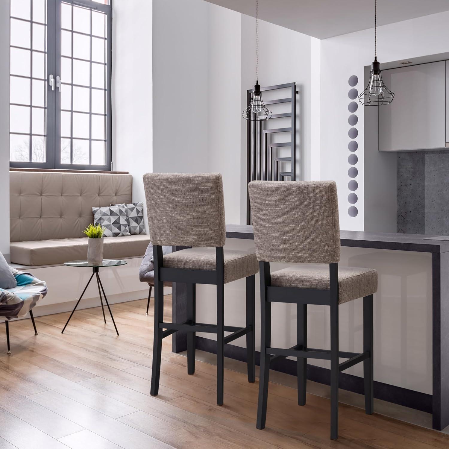 image:imageLeick Home 10087BBHG Upholstered Back Bar Height Stool with Wood Base Set of 2 for Elevated Kitchen Counters High Top Tables and Bars Blackbean and Heather GrayGray Linen Black