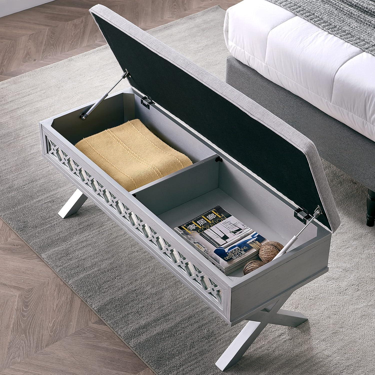 image:imageLeick Home 10142SV Mirrored Diamond Filigree X Base Lift Top Bench with Storage for Bedroom or Foyer Silver Leaf