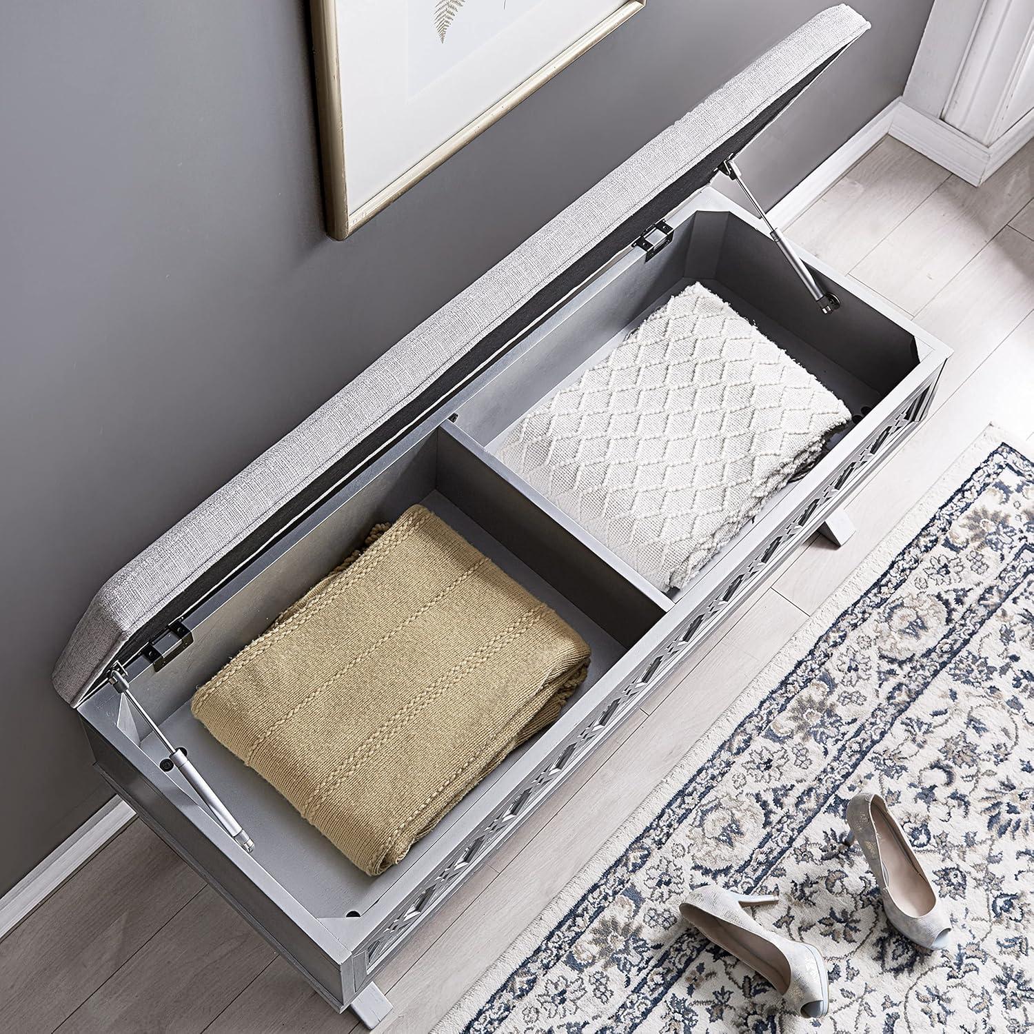 image:imageLeick Home 10142SV Mirrored Diamond Filigree X Base Lift Top Bench with Storage for Bedroom or Foyer Silver Leaf