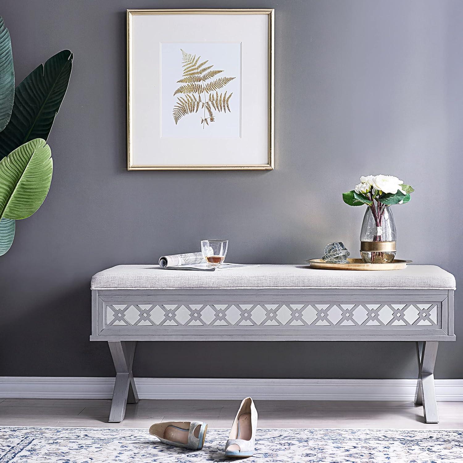 image:imageLeick Home 10142SV Mirrored Diamond Filigree X Base Lift Top Bench with Storage for Bedroom or Foyer Silver Leaf