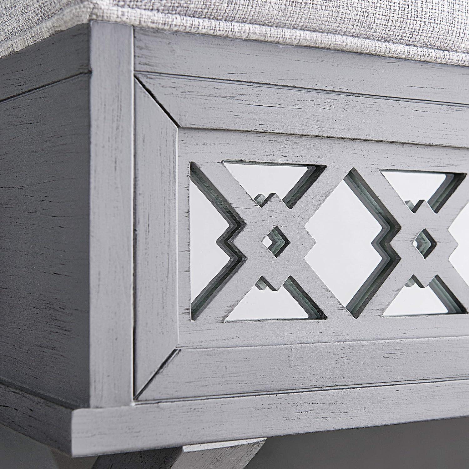 image:imageLeick Home 10142SV Mirrored Diamond Filigree X Base Lift Top Bench with Storage for Bedroom or Foyer Silver Leaf