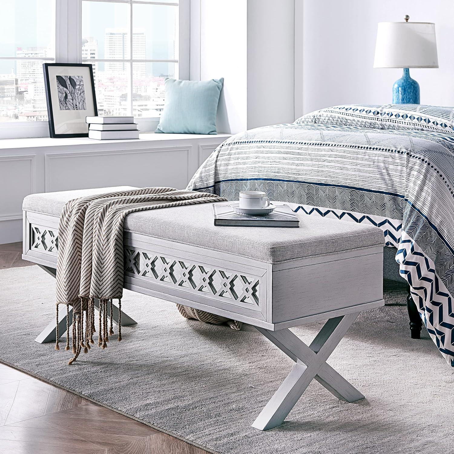 image:imageLeick Home 10142SV Mirrored Diamond Filigree X Base Lift Top Bench with Storage for Bedroom or Foyer Silver Leaf