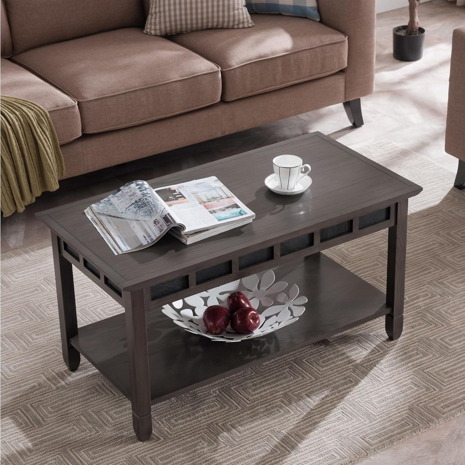 image:imageLeick Home 10504 Laurent Two Drawer Coffee Table with Shelf Chocolate CherrySmoke Gray Black Slate