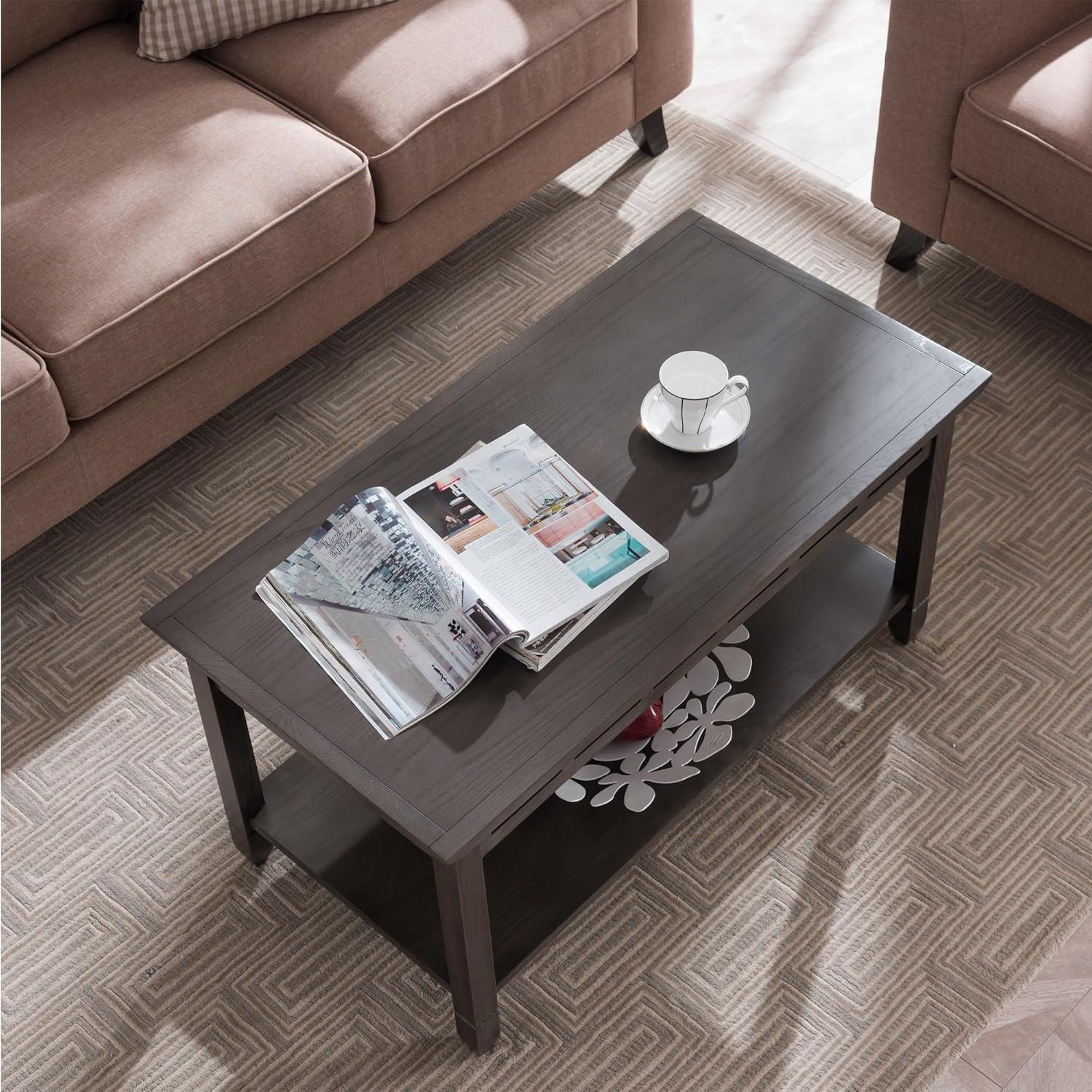 image:imageLeick Home 10504 Laurent Two Drawer Coffee Table with Shelf Chocolate CherrySmoke Gray Black Slate