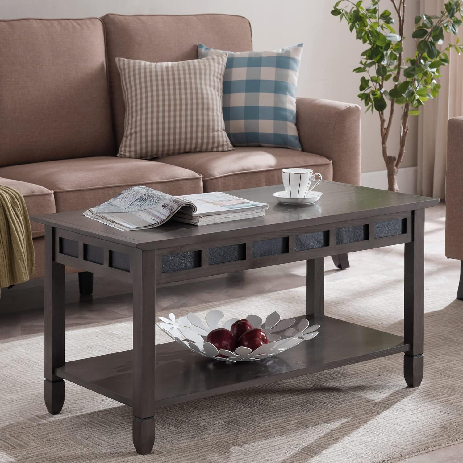 image:imageLeick Home 10504 Laurent Two Drawer Coffee Table with Shelf Chocolate CherrySmoke Gray Black Slate