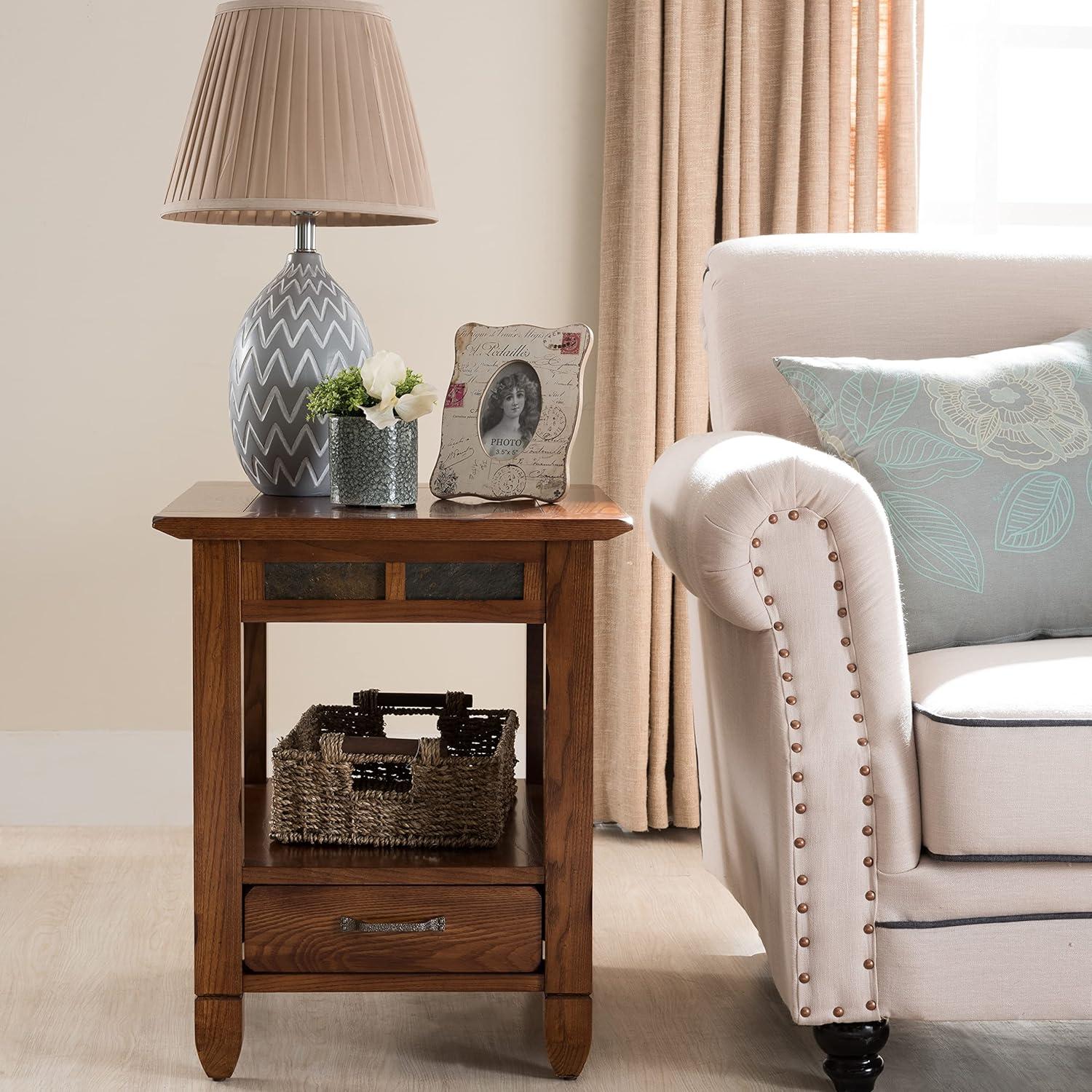 image:imageLeick Home 11407 Empiria One Drawer Side Table Walnut and Foundry BronzeRustic Oak