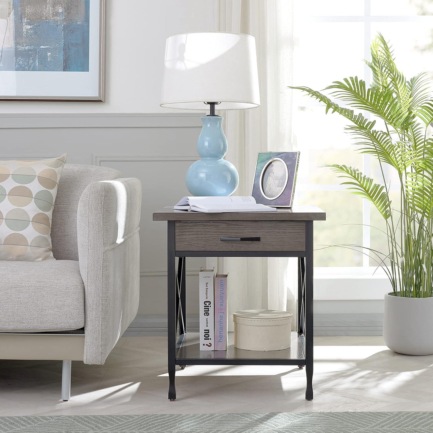 image:imageLeick Home 11407 Empiria One Drawer Side Table Walnut and Foundry BronzeSmoke Gray