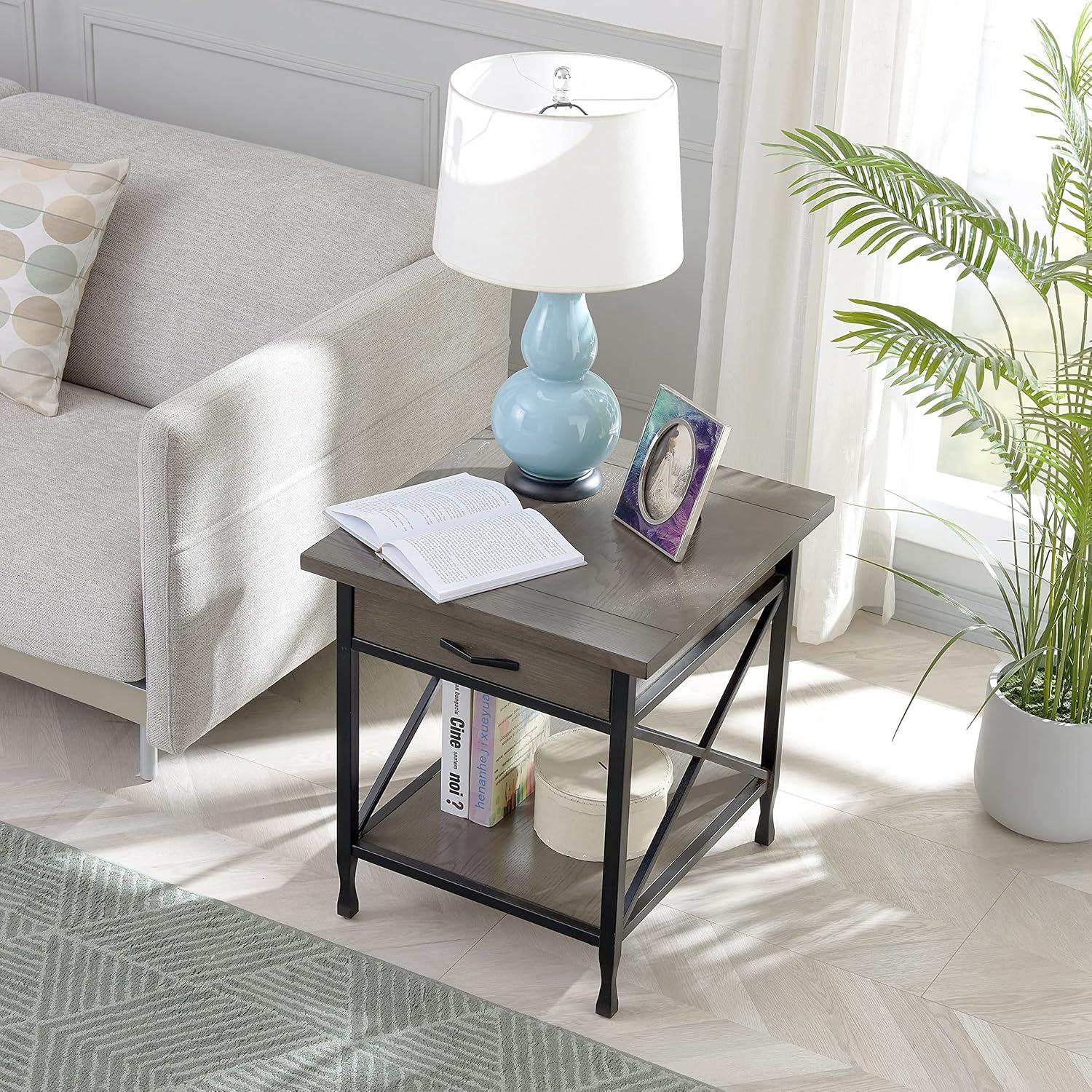 image:imageLeick Home 11407 Empiria One Drawer Side Table Walnut and Foundry BronzeSmoke Gray
