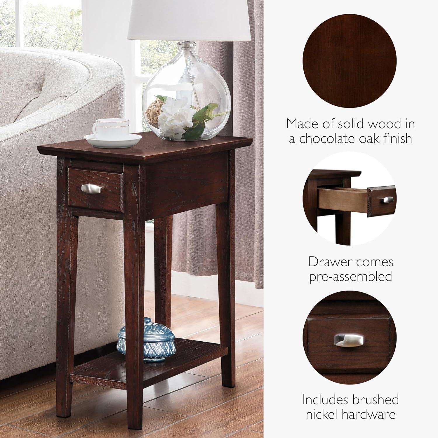 image:imageLeick Home 15In Wide End Table Solid Wood Construction One Drawer One Lower Shelf Narrow Width EasyAssembly Chocolate Oak 150 In W x 240 In D x 240 In H 10071CHChocolate Oak