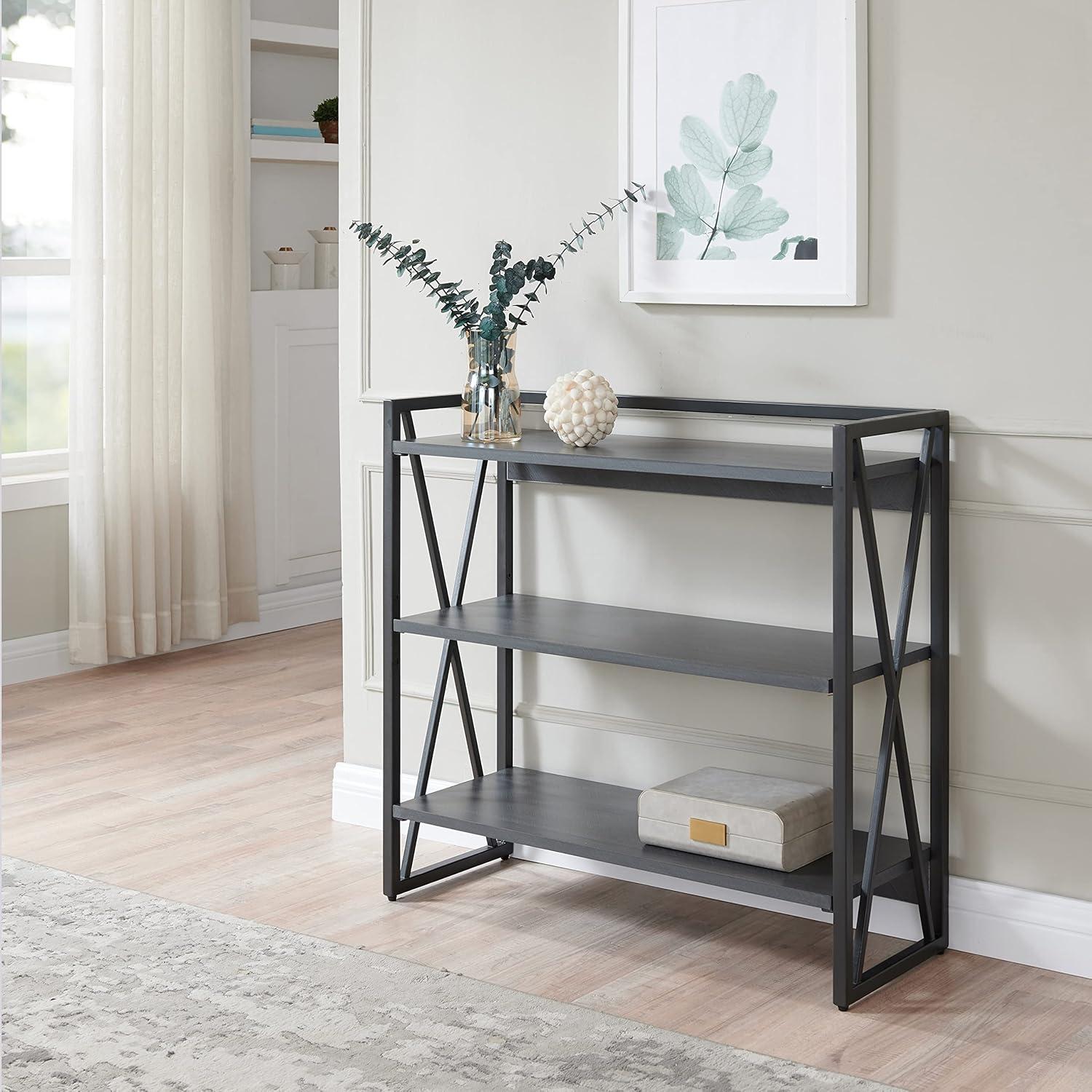 image:imageLeick Home 70009BLKNK Mixed Metal and Wood X Design Bookshelf GrayMatte Black