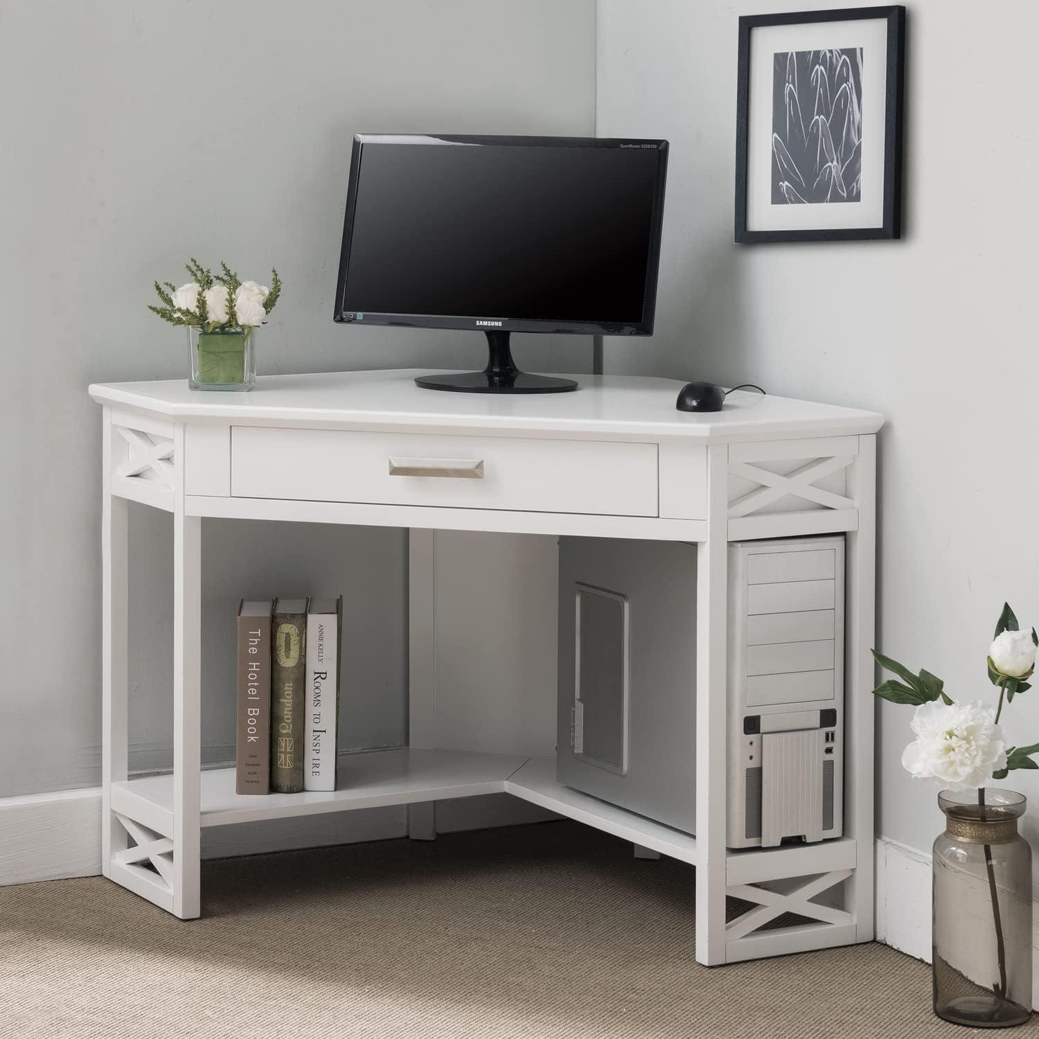 image:imageLeick Home 81430 Corner ComputerWriting Desk with Drawer and Shelf Chocolate OakWhiteBrushed Nickel