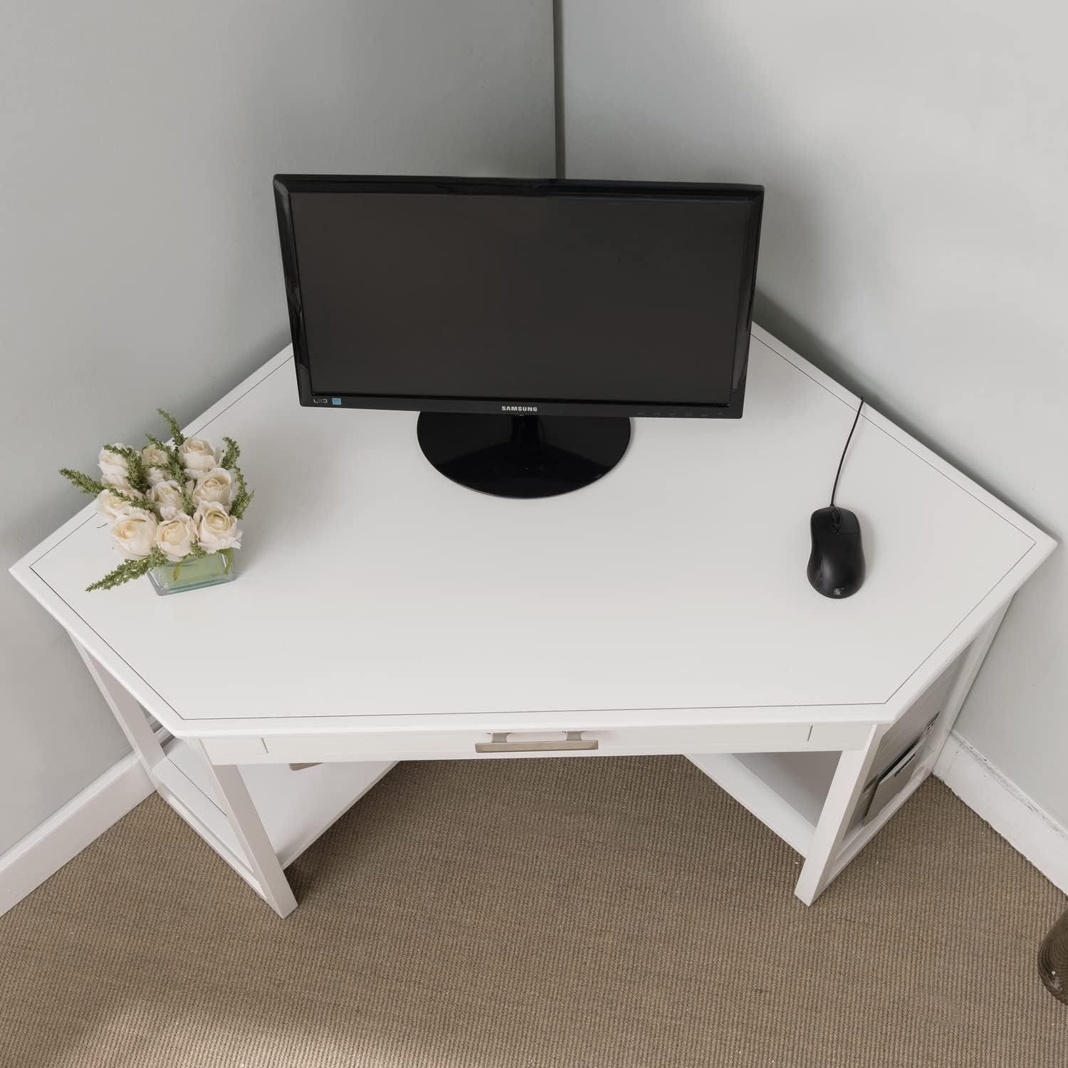 image:imageLeick Home 81430 Corner ComputerWriting Desk with Drawer and Shelf Chocolate OakWhiteBrushed Nickel