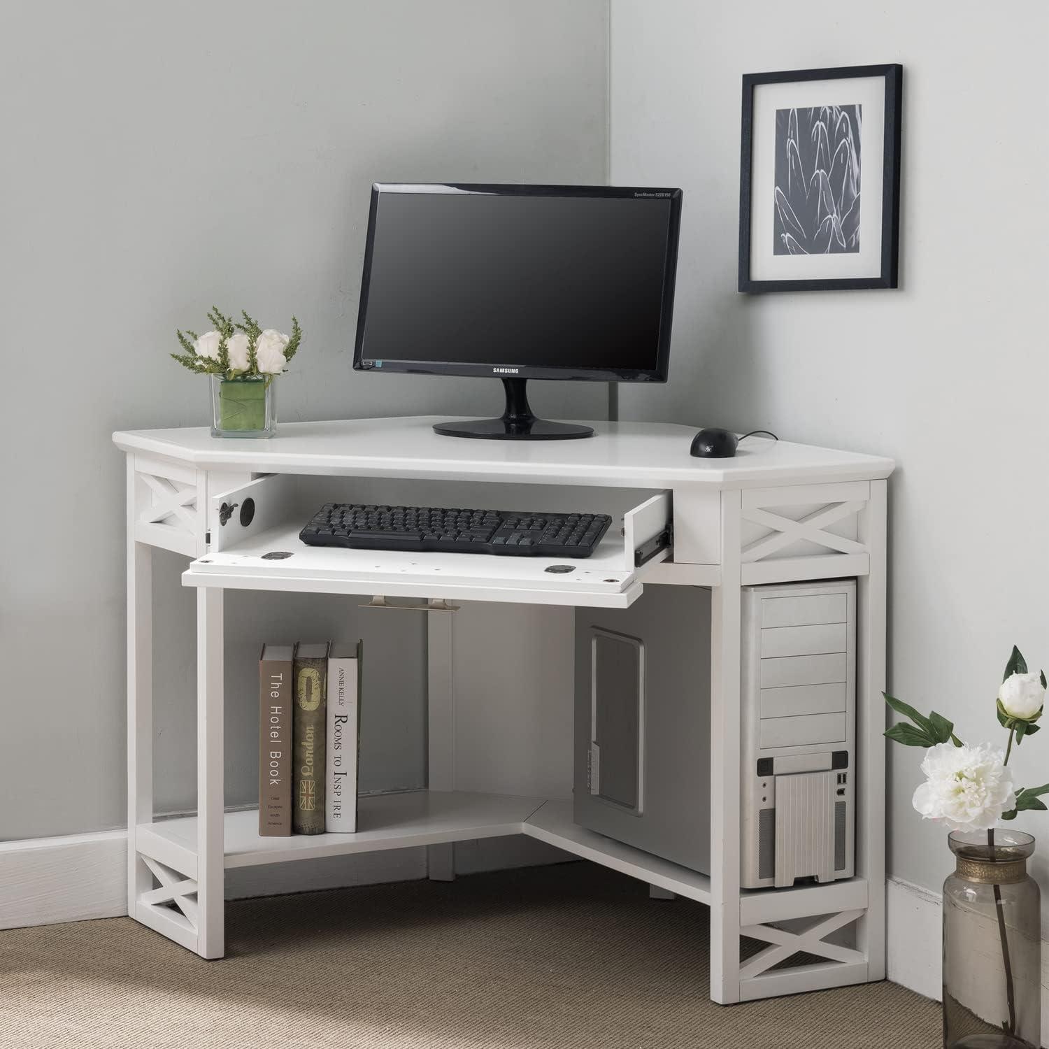 image:imageLeick Home 81430 Corner ComputerWriting Desk with Drawer and Shelf Chocolate OakWhiteBrushed Nickel