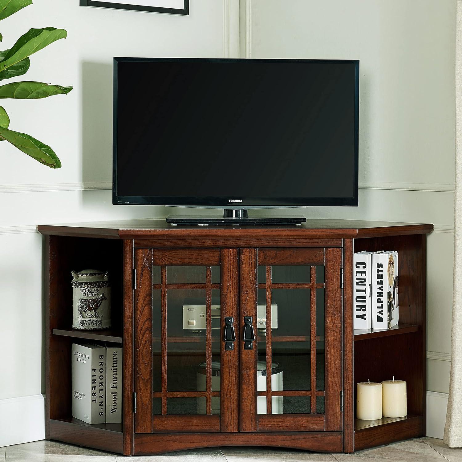 image:imageLeick Home 82285 Mission Corner TV Stand Made from Solid Wood One Door and Adjustable Shelf for 50 TVs Mission OakMission Oak Blackened