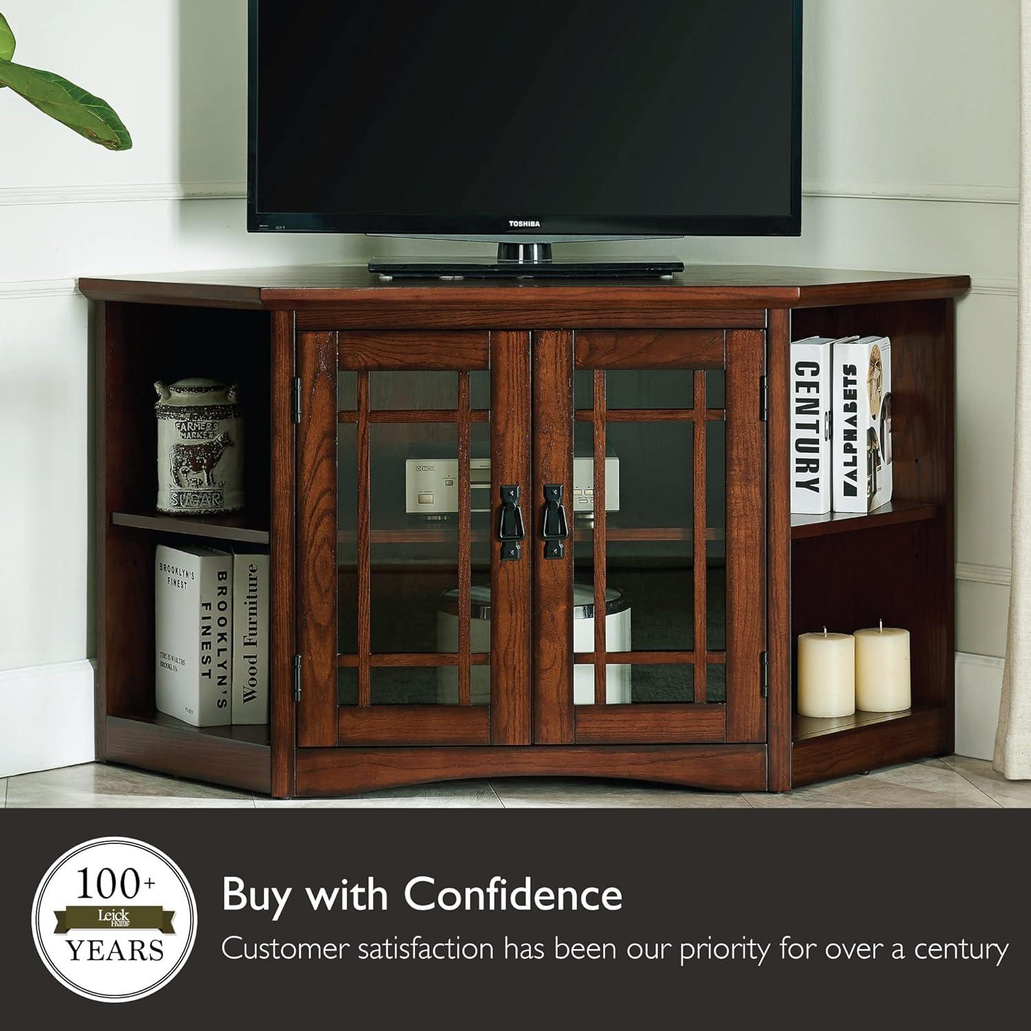 image:imageLeick Home 82285 Mission Corner TV Stand Made from Solid Wood One Door and Adjustable Shelf for 50 TVs Mission OakMission Oak Blackened