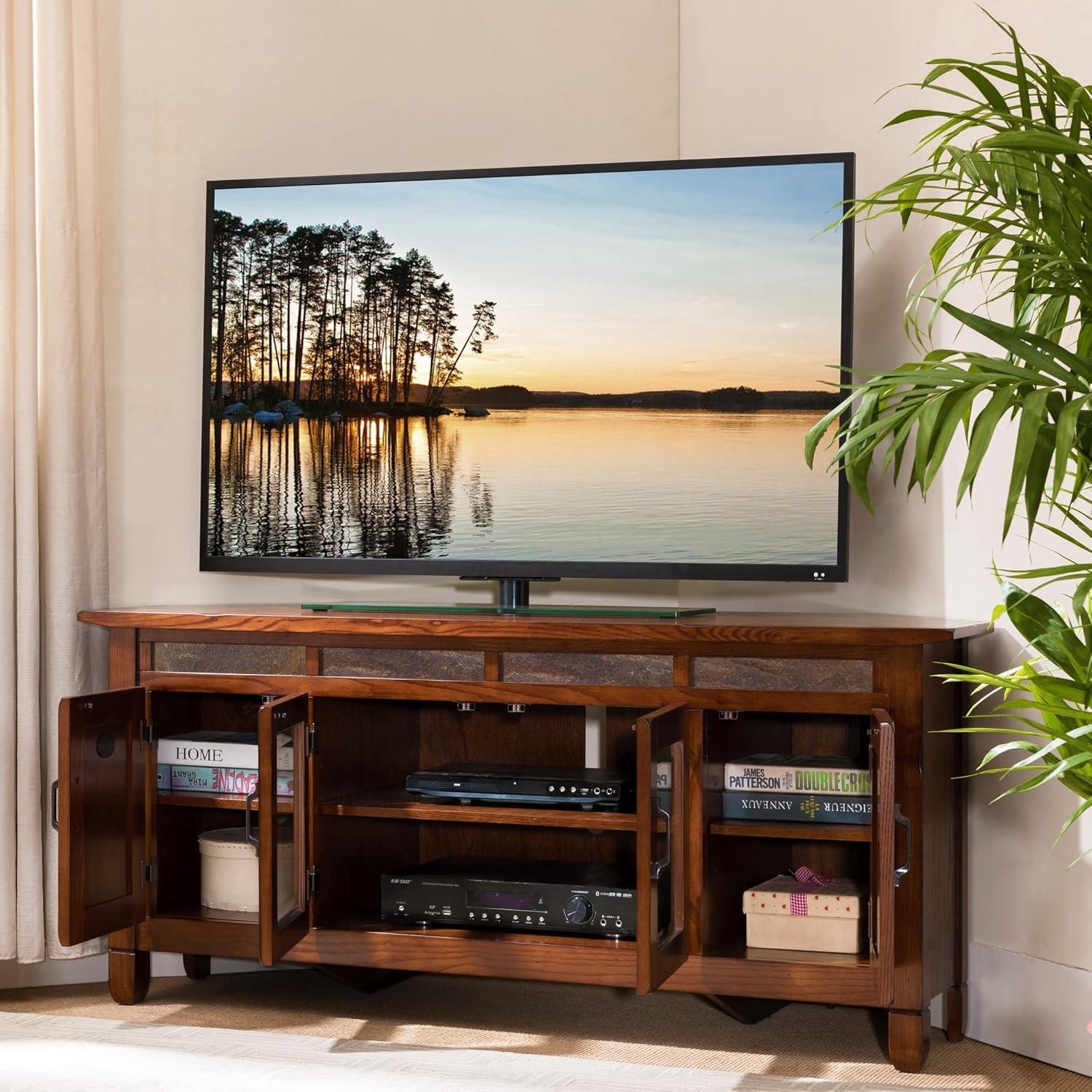image:imageLeick Home 85162 TV Stand with Bookshelf Storage for 65 TVs Cottage WhiteDistressed Rustic Autumn