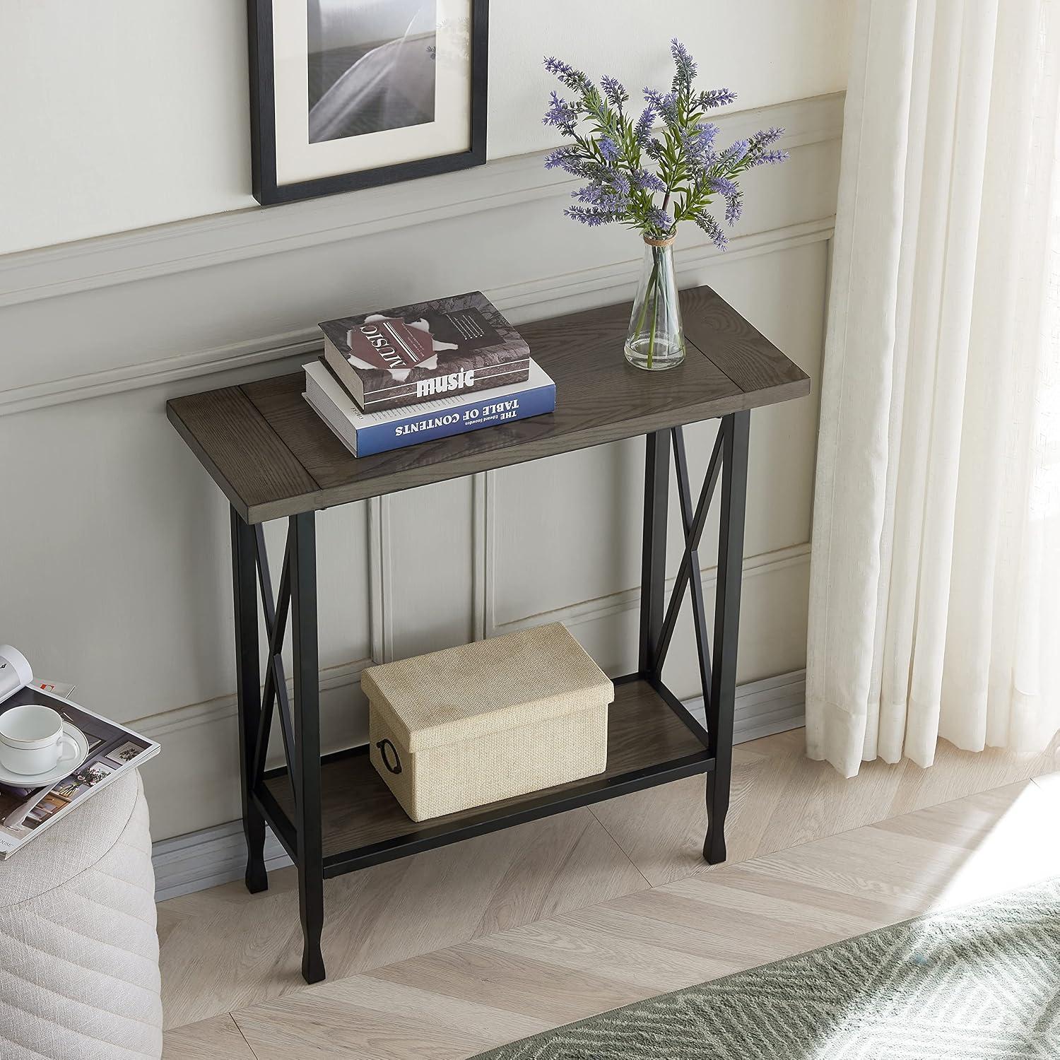 image:imageLeick Home Boa Console Table Solid Wood Bottom Display Shelf Narrow Depth EasyAssembly For Living RoomHallway Chocolate Cherry 380 in W x 140 in D x 300 in H 10332Smoke Gray Matte Black