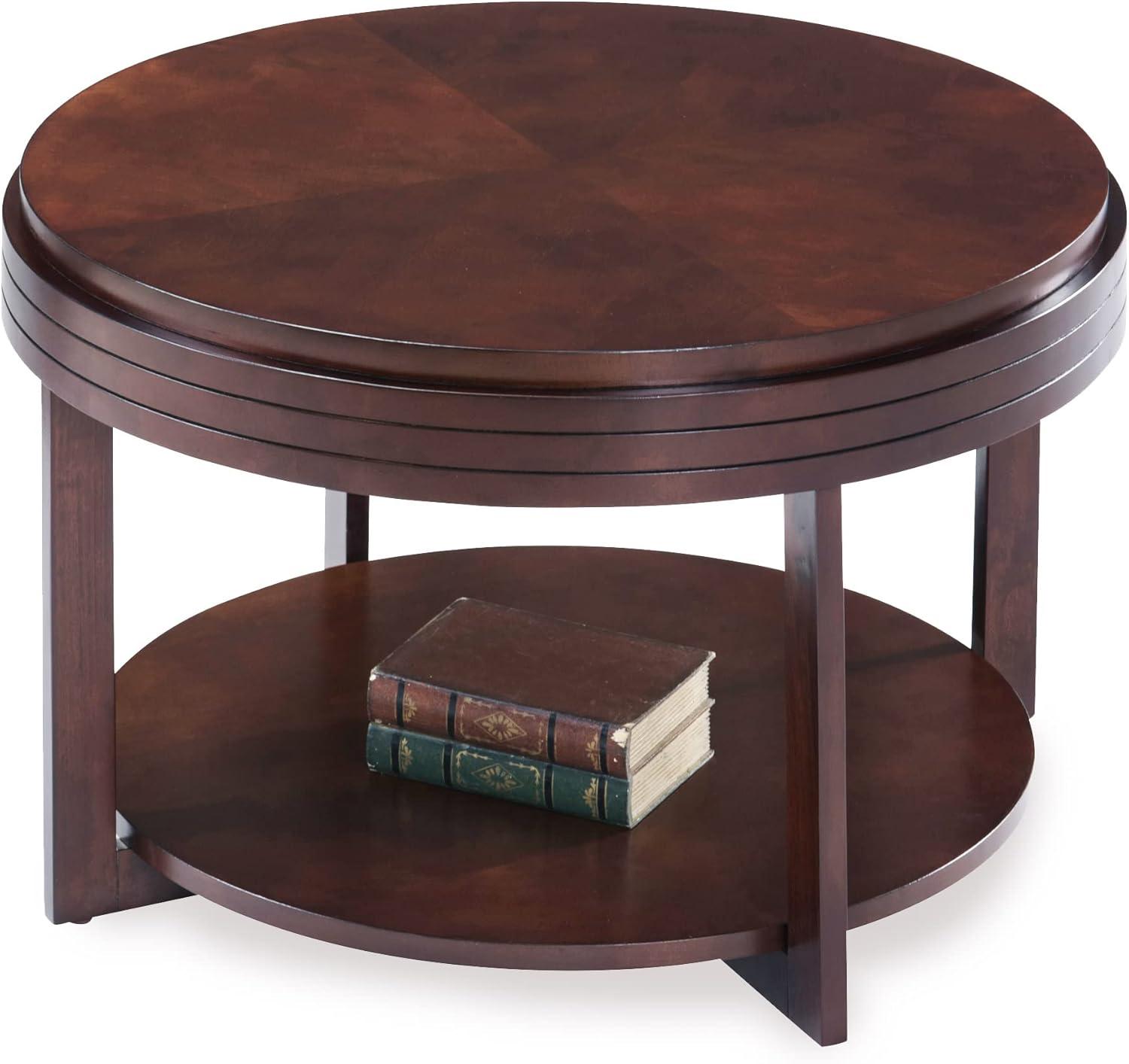 image:imageLeick Home Sheldon Coffee Table Solid Wood Round with Glass Top and Shelf Chocolate Oak 10037Chocolate Cherry