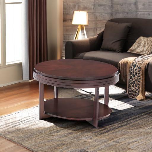 image:imageLeick Home Sheldon Coffee Table Solid Wood Round with Glass Top and Shelf Chocolate Oak 10037Chocolate Cherry