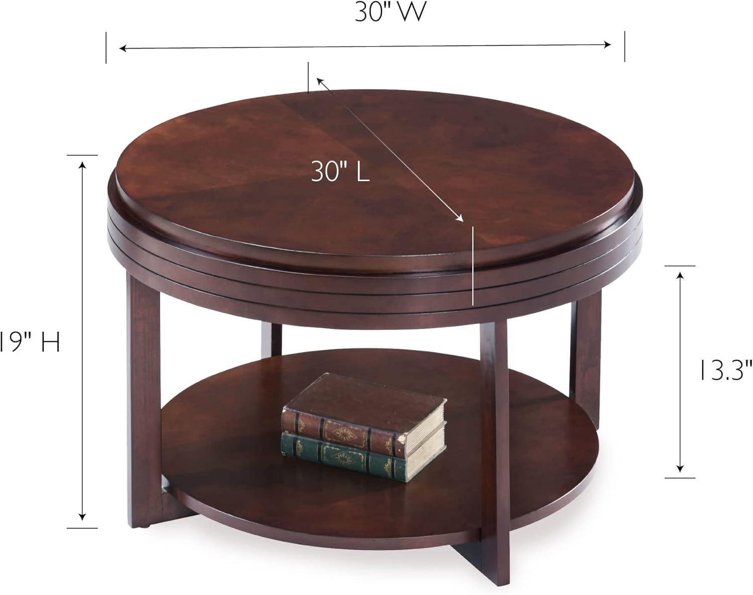 image:imageLeick Home Sheldon Coffee Table Solid Wood Round with Glass Top and Shelf Chocolate Oak 10037Chocolate Cherry