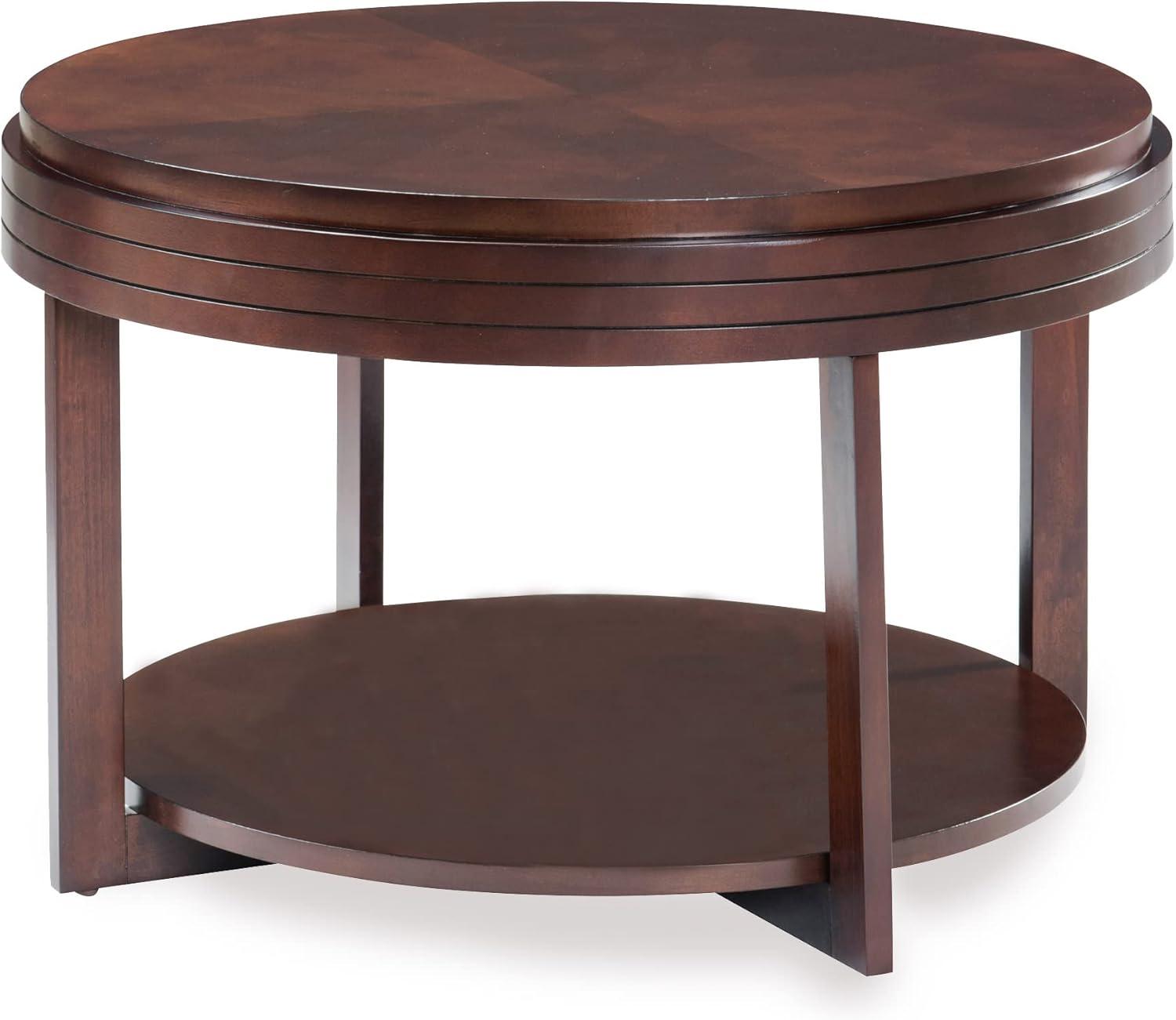 image:imageLeick Home Sheldon Coffee Table Solid Wood Round with Glass Top and Shelf Chocolate Oak 10037Chocolate Cherry