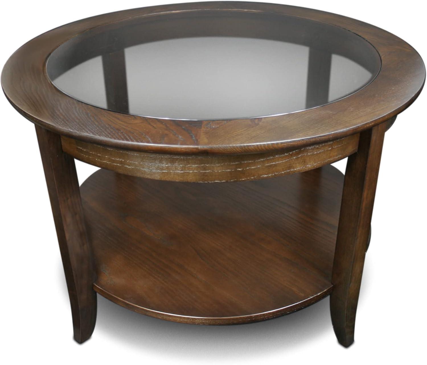 image:imageLeick Home Sheldon Coffee Table Solid Wood Round with Glass Top and Shelf Chocolate Oak 10037Chocolate Oak