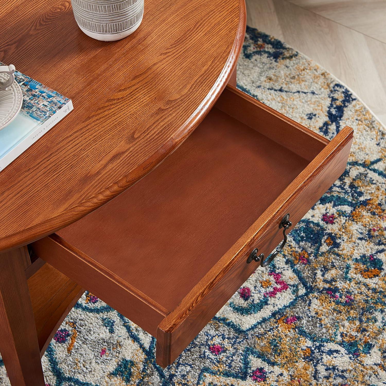 image:imageLeick Home Sheldon Coffee Table Solid Wood Round with Glass Top and Shelf Chocolate Oak 10037Medium Oak