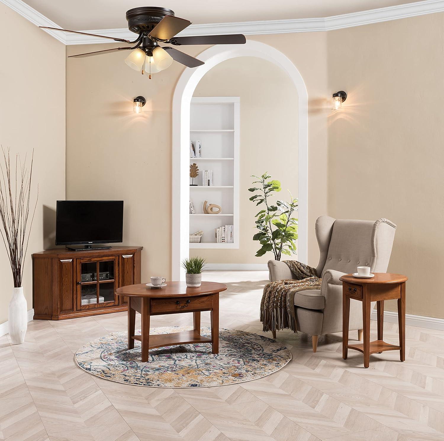 image:imageLeick Home Sheldon Coffee Table Solid Wood Round with Glass Top and Shelf Chocolate Oak 10037Medium Oak