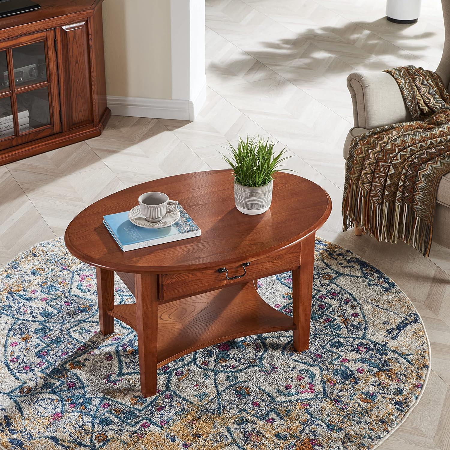 image:imageLeick Home Sheldon Coffee Table Solid Wood Round with Glass Top and Shelf Chocolate Oak 10037Medium Oak