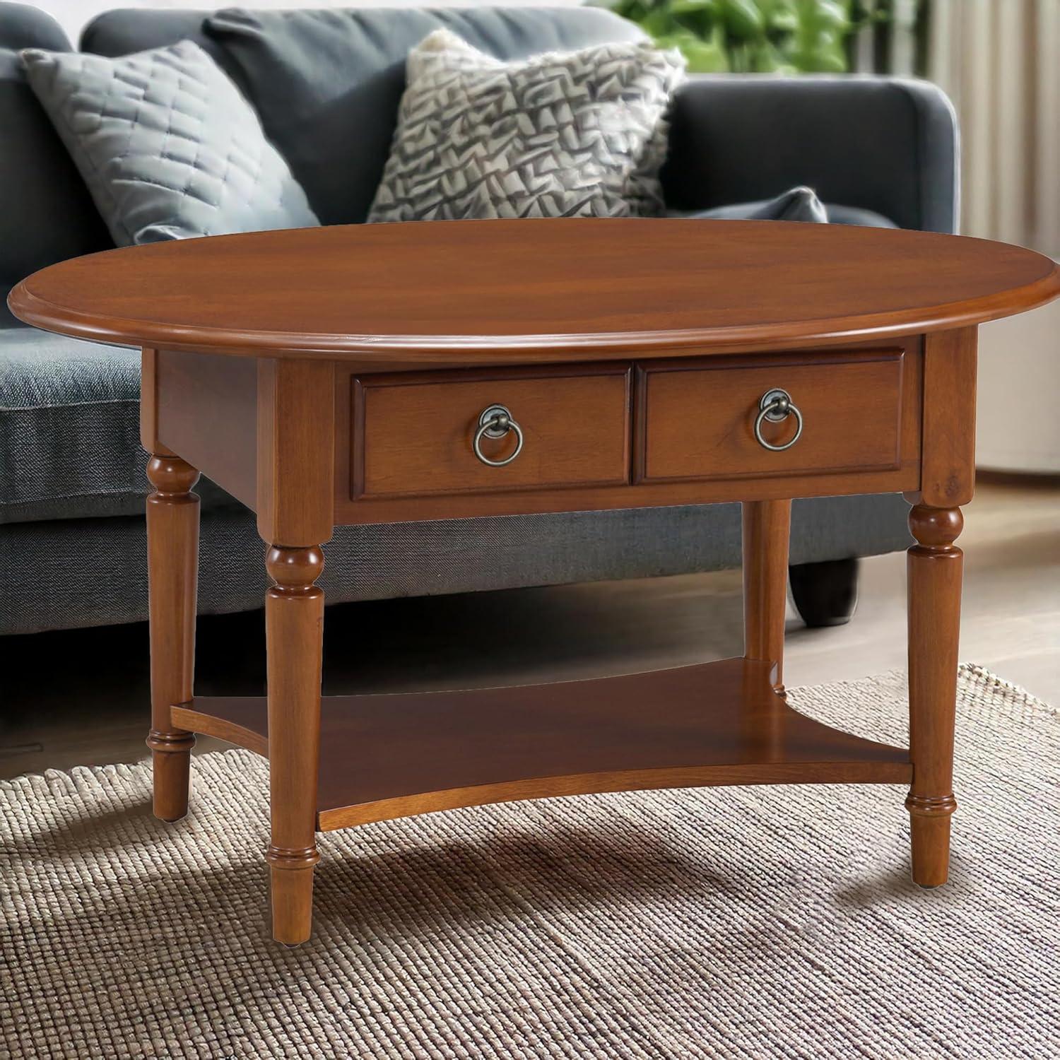 image:imageLeick Home Sheldon Coffee Table Solid Wood Round with Glass Top and Shelf Chocolate Oak 10037Pecan