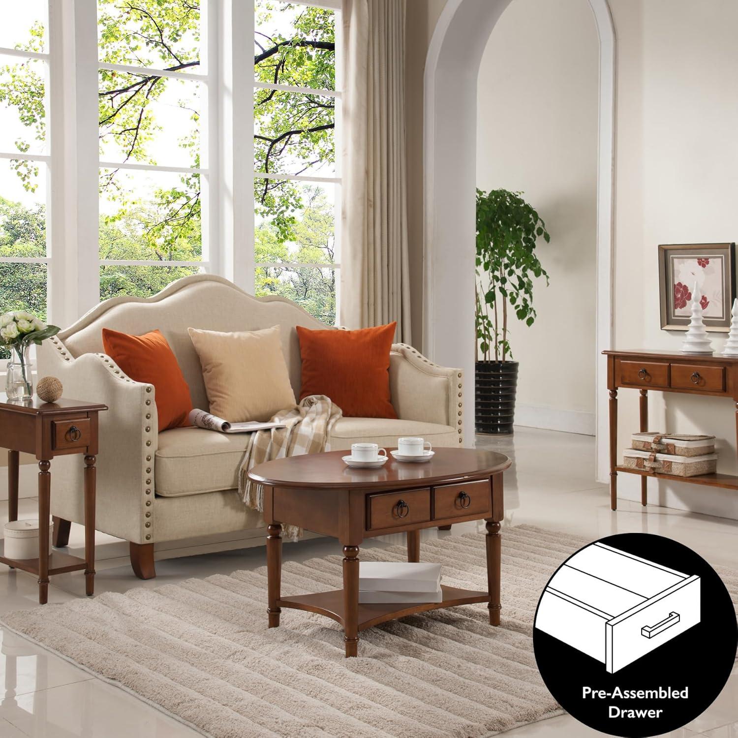 image:imageLeick Home Sheldon Coffee Table Solid Wood Round with Glass Top and Shelf Chocolate Oak 10037Pecan