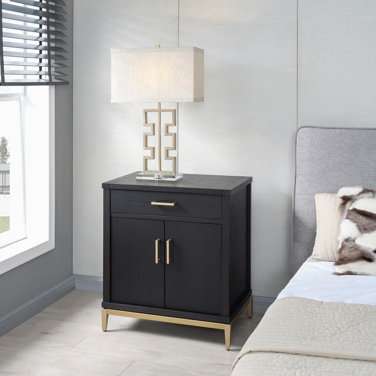 image:imageSalem Solid Wood Nightstand with Drawer and Shelf Medium Oak Brown Perfect for Bedrooms Living Rooms and Small Spaces Leick Home 9067MEDBlack