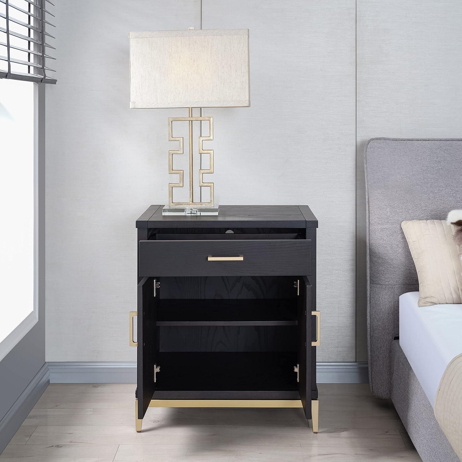 image:imageSalem Solid Wood Nightstand with Drawer and Shelf Medium Oak Brown Perfect for Bedrooms Living Rooms and Small Spaces Leick Home 9067MEDBlack