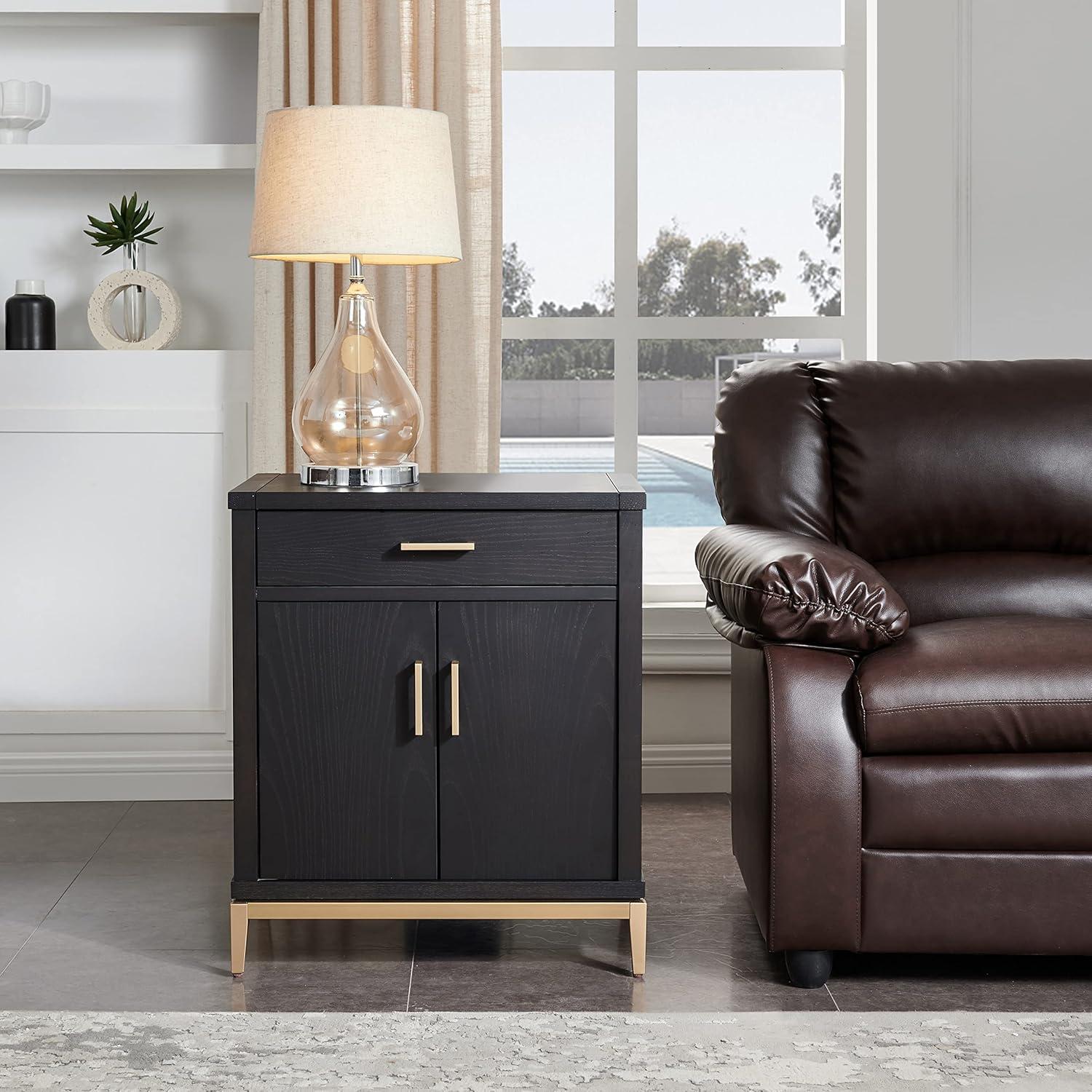 image:imageSalem Solid Wood Nightstand with Drawer and Shelf Medium Oak Brown Perfect for Bedrooms Living Rooms and Small Spaces Leick Home 9067MEDBlack