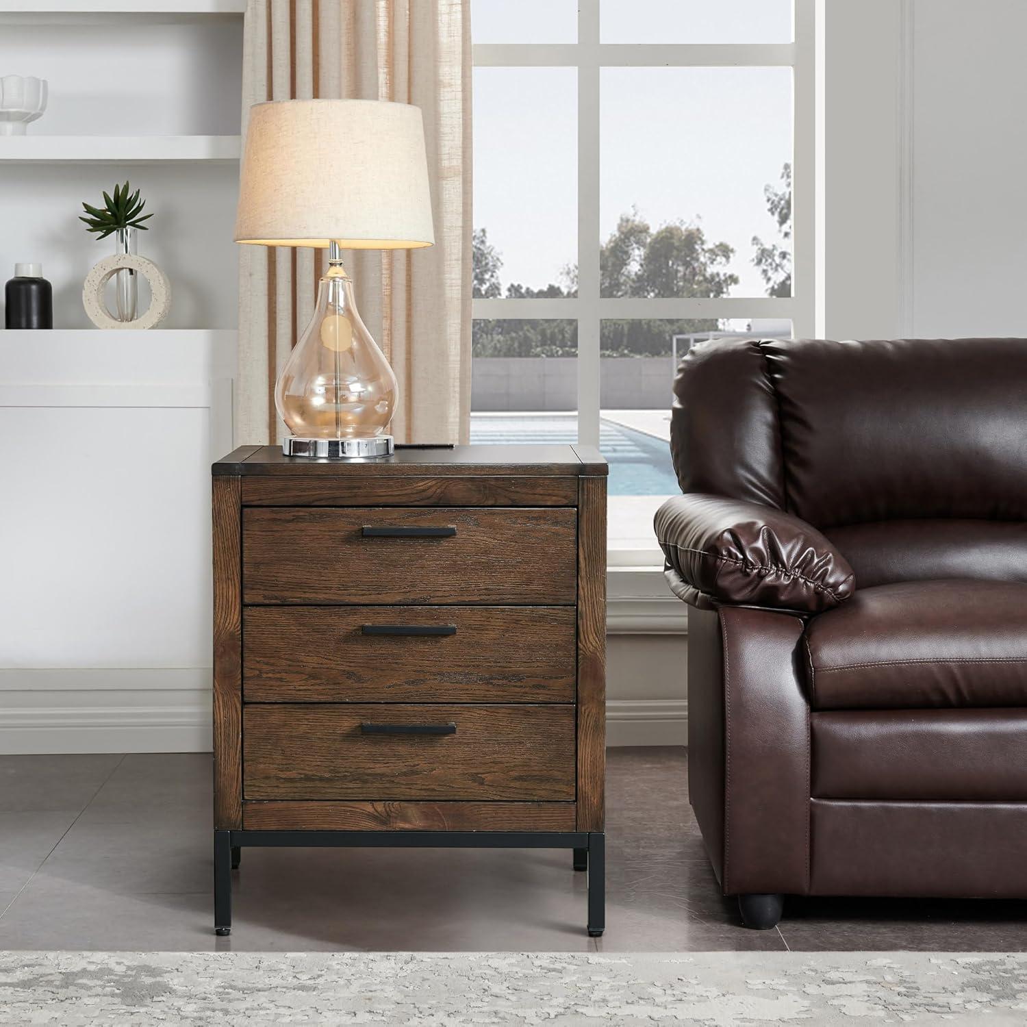 image:imageSalem Solid Wood Nightstand with Drawer and Shelf Medium Oak Brown Perfect for Bedrooms Living Rooms and Small Spaces Leick Home 9067MEDDistressed Riverstone
