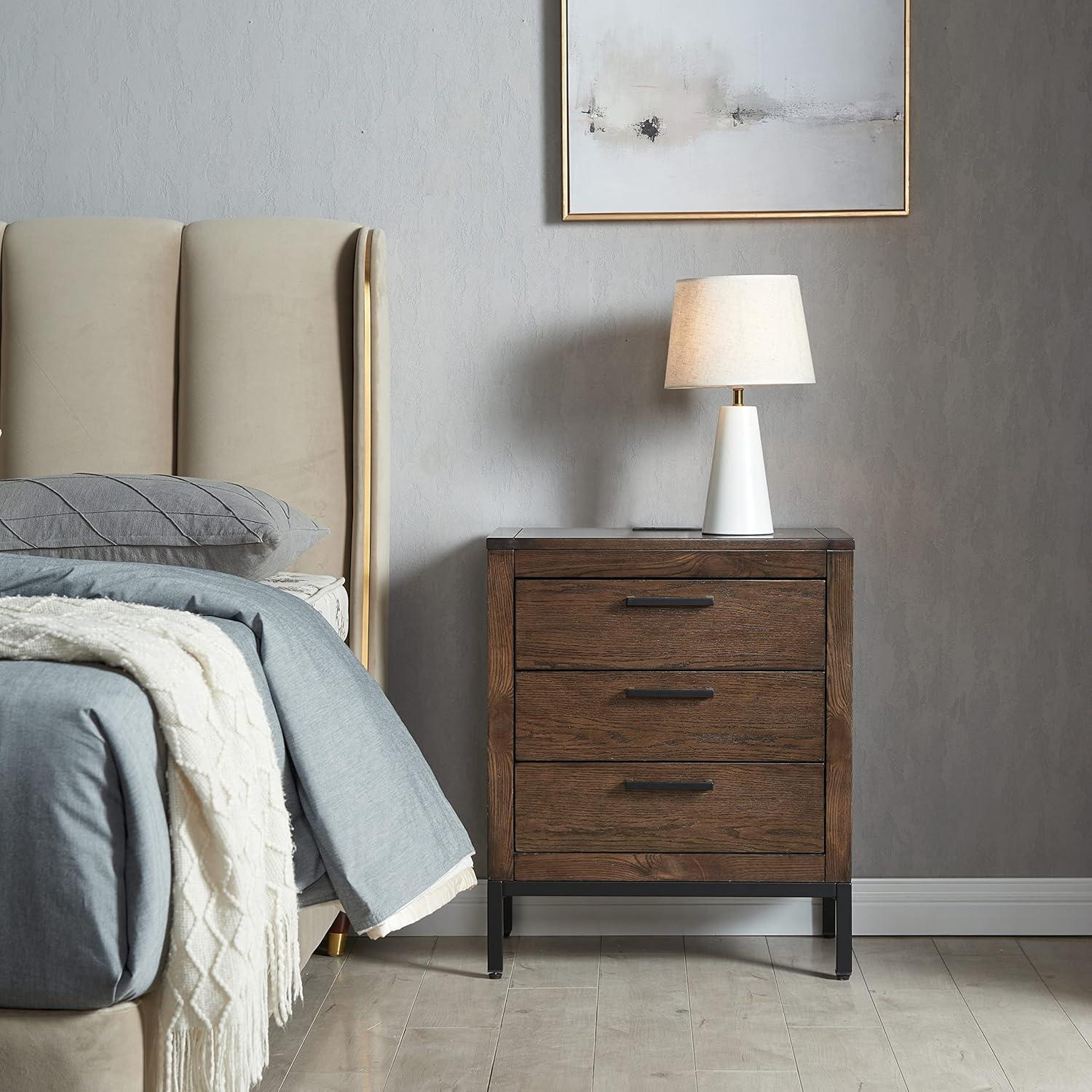 image:imageSalem Solid Wood Nightstand with Drawer and Shelf Medium Oak Brown Perfect for Bedrooms Living Rooms and Small Spaces Leick Home 9067MEDDistressed Riverstone
