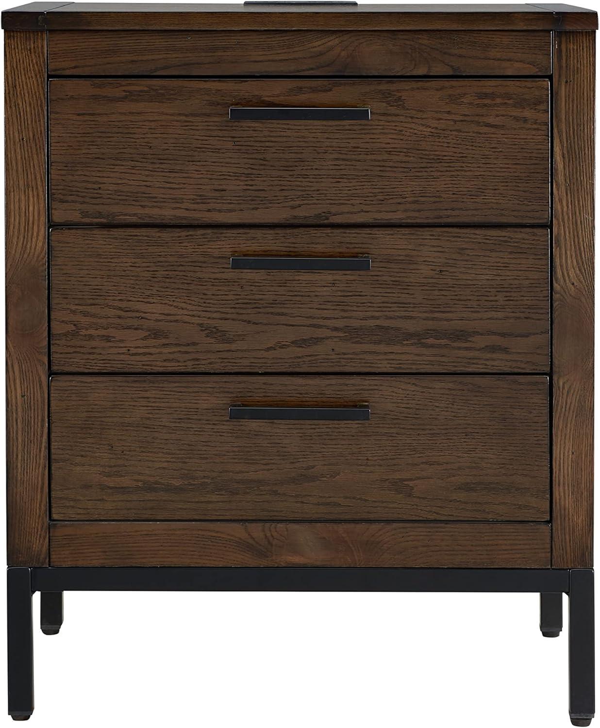 image:imageSalem Solid Wood Nightstand with Drawer and Shelf Medium Oak Brown Perfect for Bedrooms Living Rooms and Small Spaces Leick Home 9067MEDDistressed Riverstone