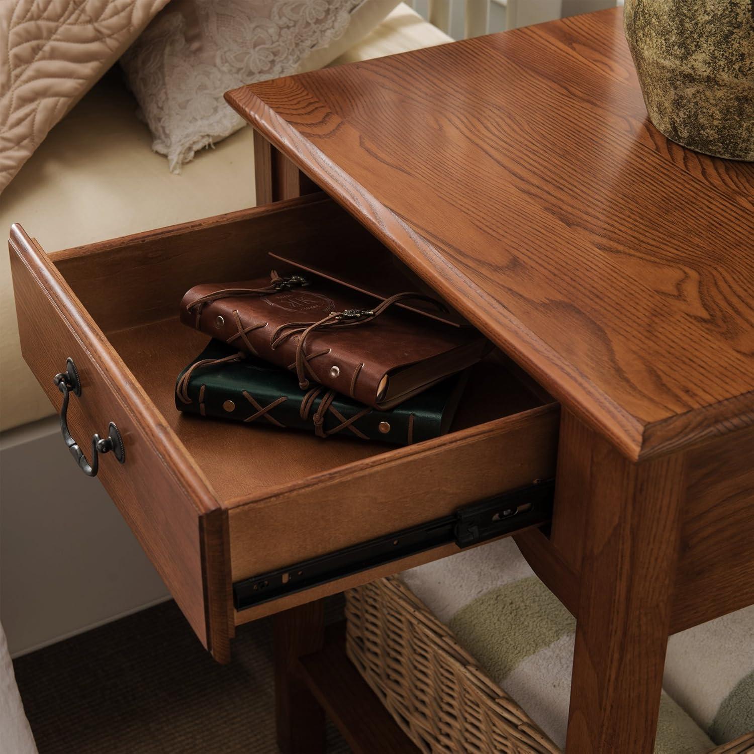 image:imageSalem Solid Wood Nightstand with Drawer and Shelf Medium Oak Brown Perfect for Bedrooms Living Rooms and Small Spaces Leick Home 9067MEDMedium Oak