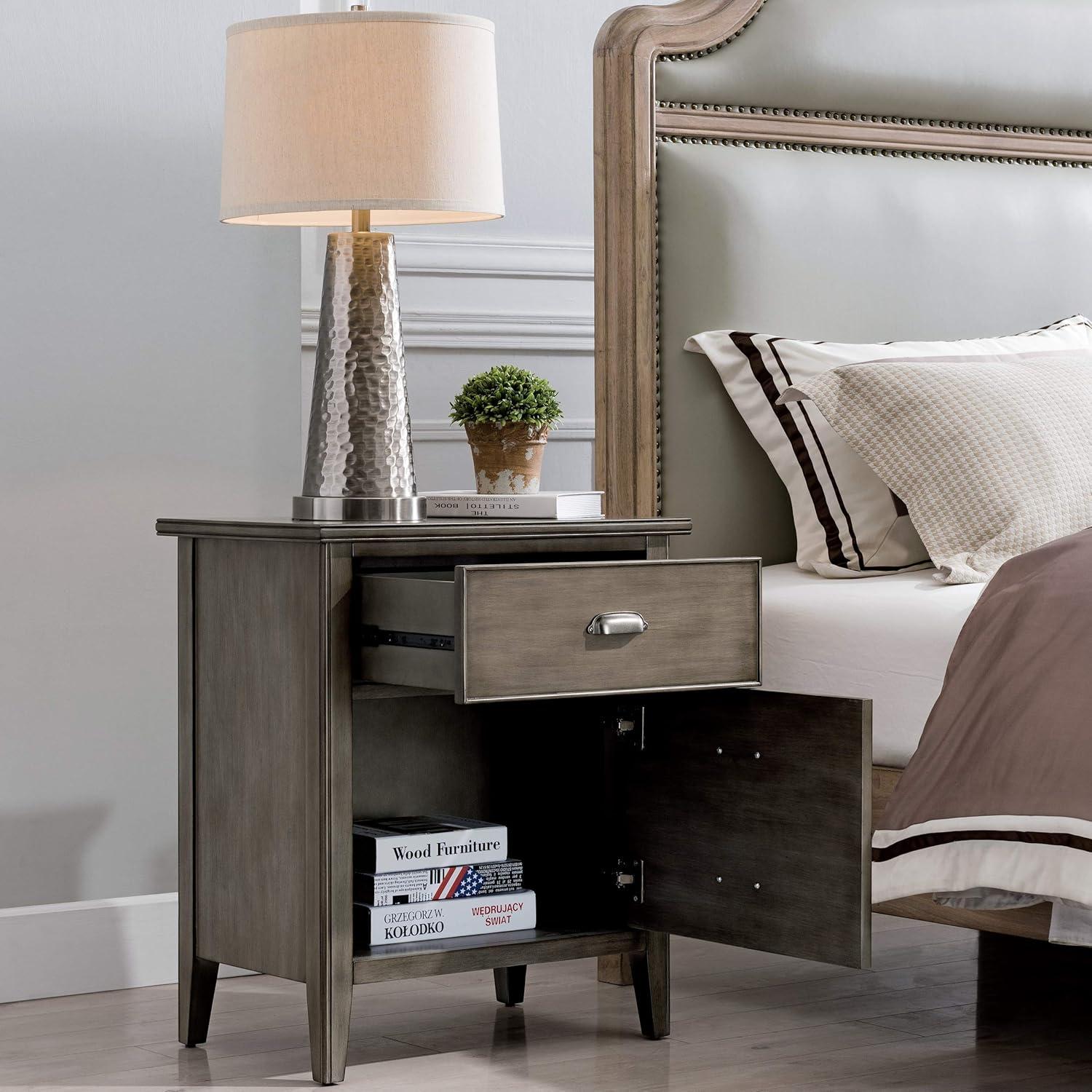 image:imageSalem Solid Wood Nightstand with Drawer and Shelf Medium Oak Brown Perfect for Bedrooms Living Rooms and Small Spaces Leick Home 9067MEDSmoke Gray