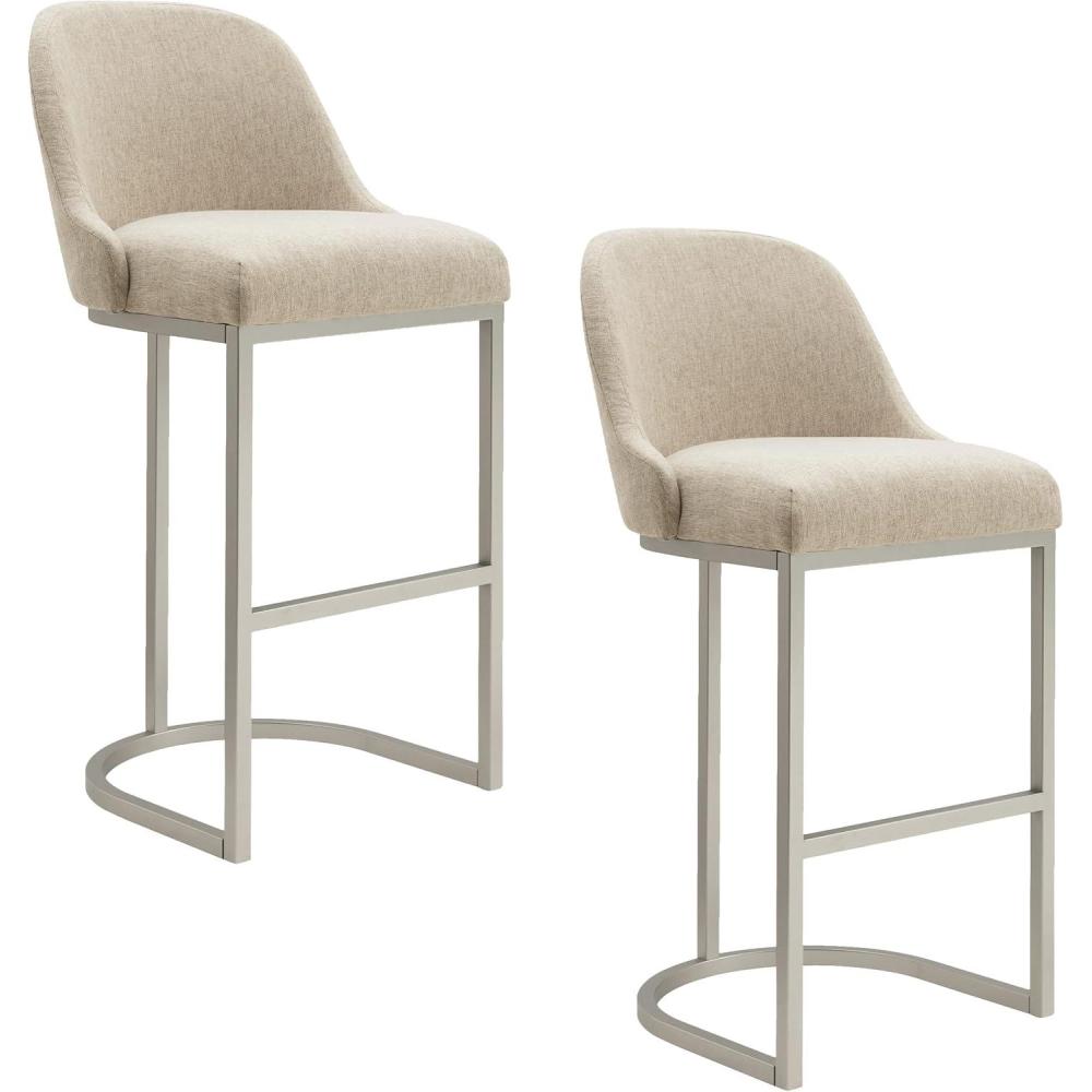 image:imageLeick Home 10087BBHG Upholstered Back Bar Height Stool with Wood Base Set of 2 for Elevated Kitchen Counters High Top Tables and Bars Blackbean and Heather GrayOatmeal Linen