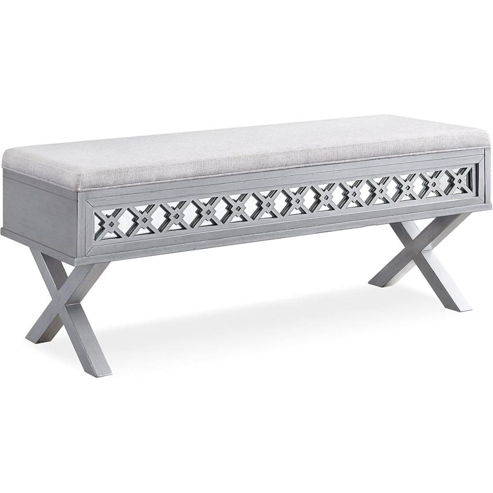 image:imageLeick Home 10142SV Mirrored Diamond Filigree X Base Lift Top Bench with Storage for Bedroom or Foyer Silver Leaf