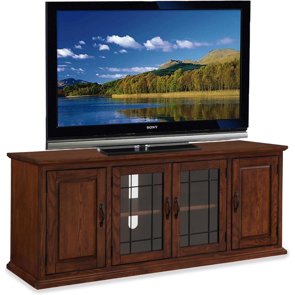 image:imageLeick Home 82360 Solid Wood Mission Oak Four Door TV Stand For 65 TVs Universal TV Console Living Room Storage Shelves Entertainment Center Mission OakBurnished Oak Black