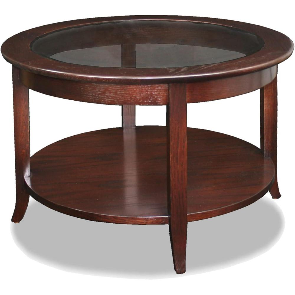 image:imageLeick Home Sheldon Coffee Table Solid Wood Round with Glass Top and Shelf Chocolate Oak 10037Chocolate Oak