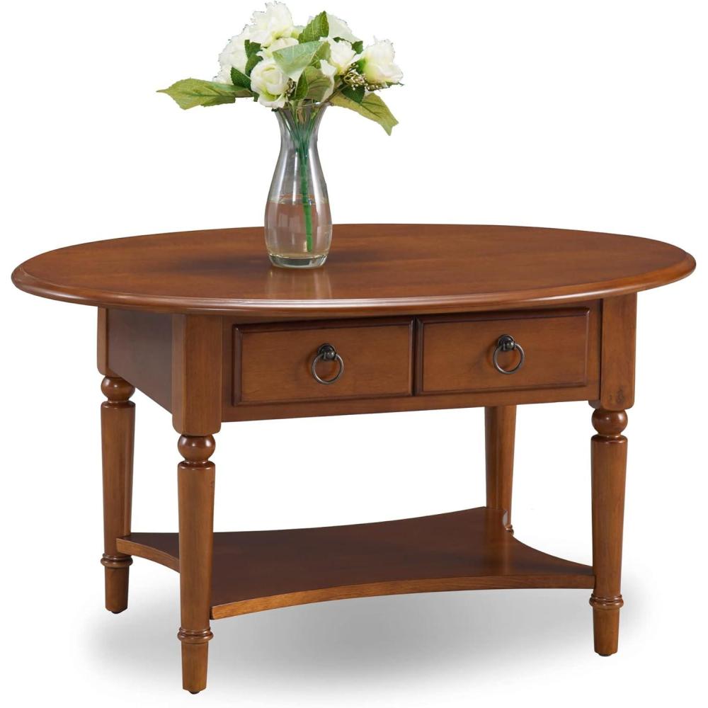 image:imageLeick Home Sheldon Coffee Table Solid Wood Round with Glass Top and Shelf Chocolate Oak 10037Pecan